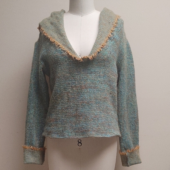 Vintage Sweaters - OOAK Handwoven Wool Hoodie Turquoise & Gold